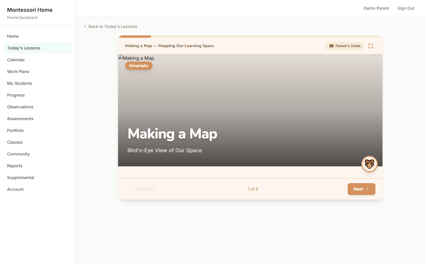 Lesson slide player showing a Geography title slide with contextual photo