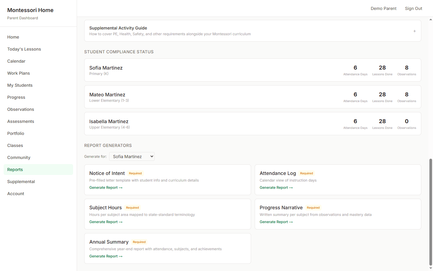 Report generators showing student compliance status and one-click report generation